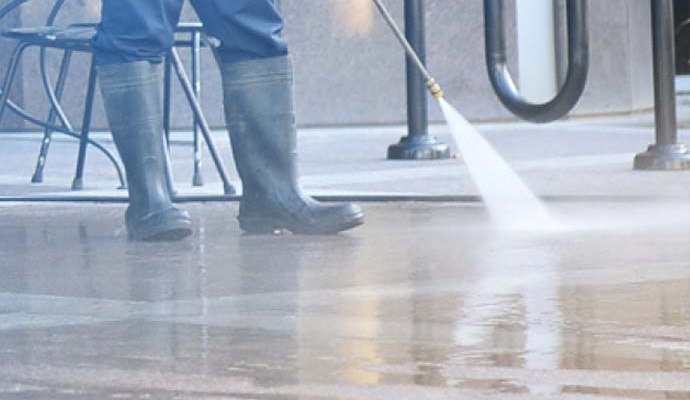 Commercial floor cleaning with water pressure.