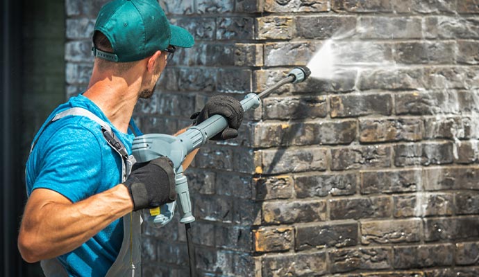 Worker cleaning of the brick walls in the home
