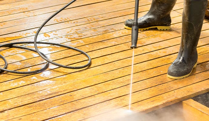 man wearing rubber boots using high water pressure cleaner on deck