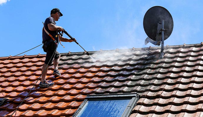 worker roof cleaning with high pressure cleaner